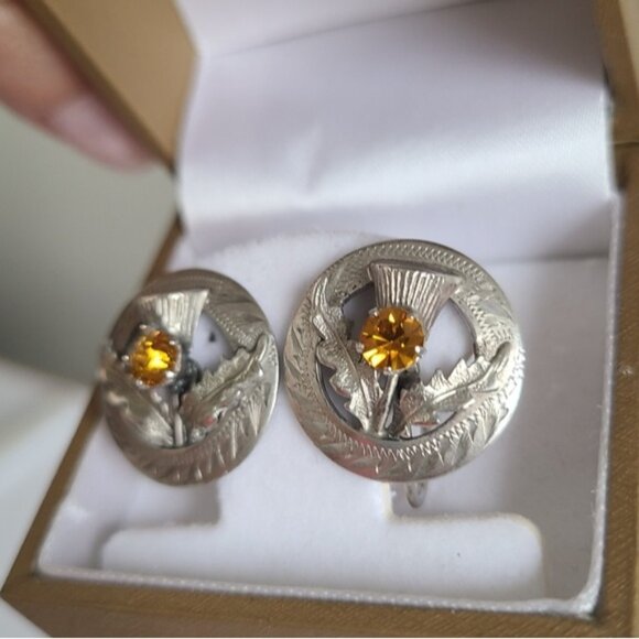 Vintage WB Scotland Sterling Silver Boho Yellow Citrine Circle Stud Earrings - Picture 12 of 13